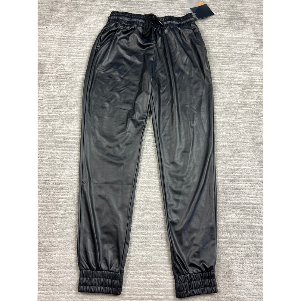 LA Winner Jogger Women Small Black Faux Leather High Rise Elastic Waist